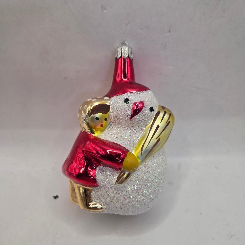 Vintage Glass Snowman Ornament Child Hugging Broom Shiny Glitter Holidaypollamd